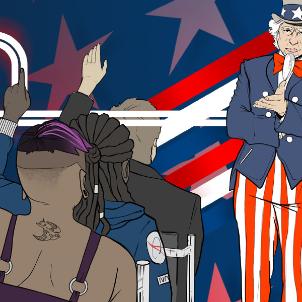 A cartoon shows three bodies back to the viewer with their hands raised, a standing Uncle Sam gestures to their questions. Design by Trevor Polcyn.