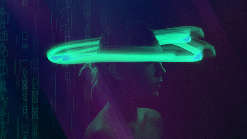 A designed image of a person with nude shoulders and head in a purple/green environment, with a bright green halo around their head. Design by Trevor Polcyn.