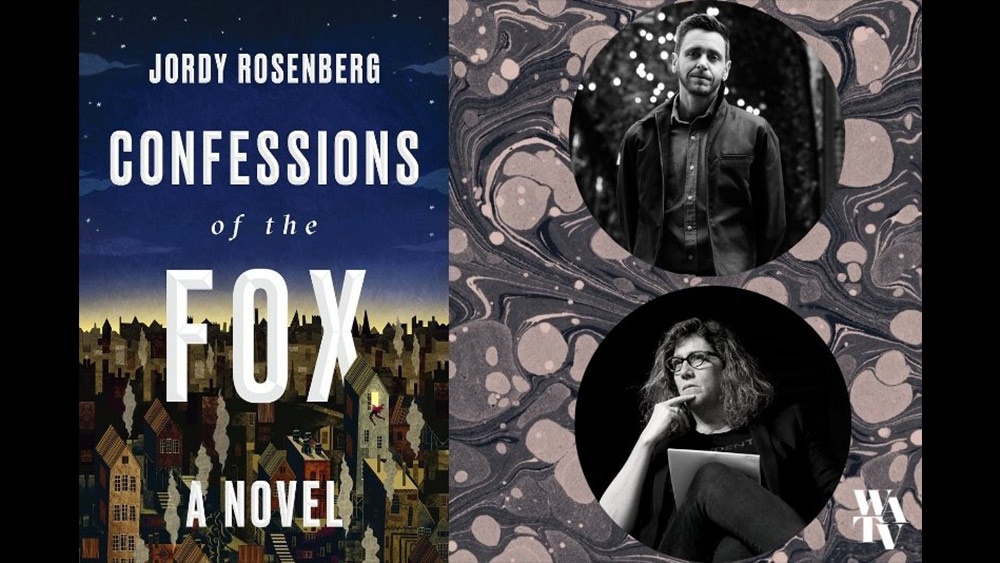 The cover of Confessions of the Fox shows the author's name and title as white letters floating over a drawing of city buildings. On the left, two cricles hold black and white portraits of Jordy Rosenberg and Susan Stryker over a marbled background. Design by Joshua Zuniga