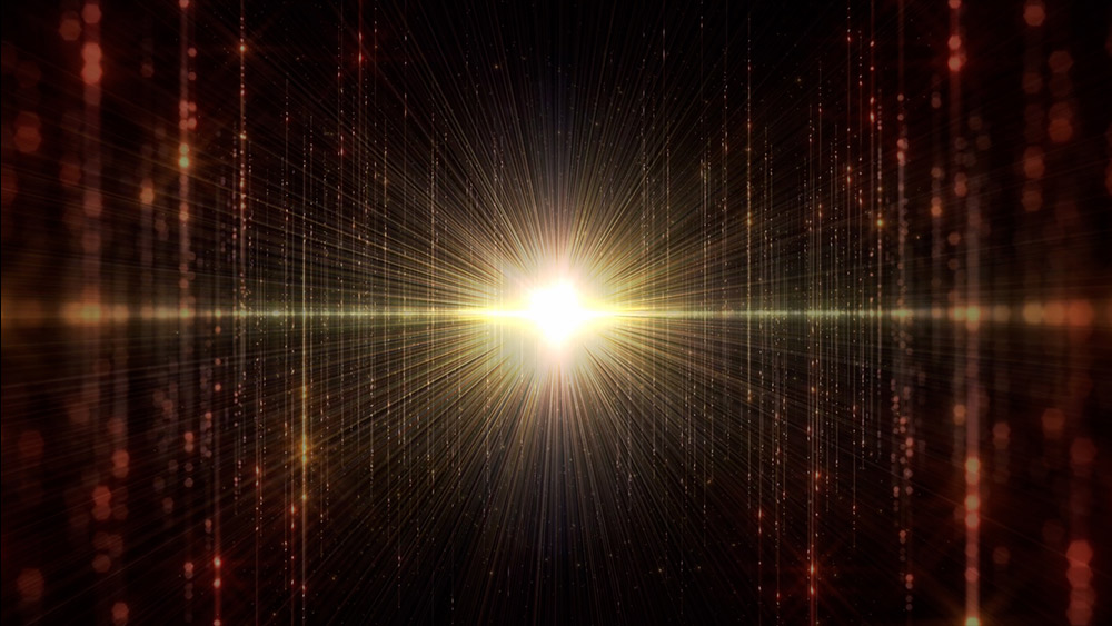 A bright light blazes at the center of the image, with radial streams of light and a broad horizontal flare. Amber lines descend vertically creating the depth of a cooridor. 