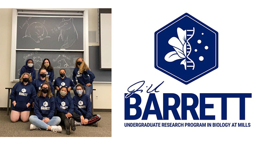 A photo of Mills College Biology students and facukty wearing blue sweatshirts and seated in front of a white board with Squirrels drawn on it. This phot is paiored with teh logo of the JIll Barrett Research Program.