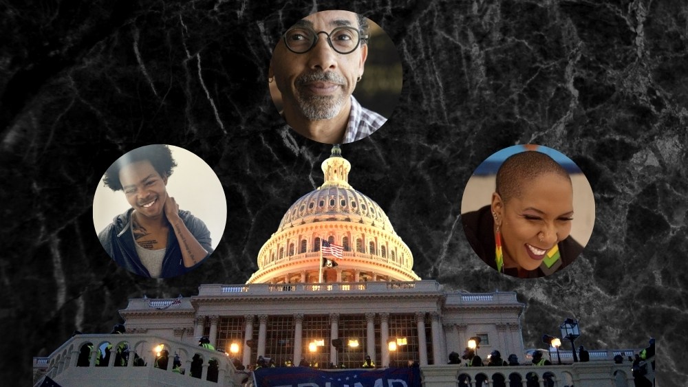 Three portraits of event panelists float in circles over an image of the US Capitol during the Jan. 6 2021 insurrection. Design by Joshua Zuniga.