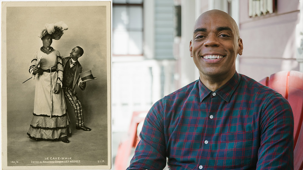 The historical photo is a 1903 image of Jack Brown with his dance partner. Brown was an American cake-walk dancer who performed in Paris at the turn of the 20th century. A portrait of Channing Joseph, seated, looking into the camera with a broad smile, wearing a blue, green and red plaid shirt, buttoned to the top. 