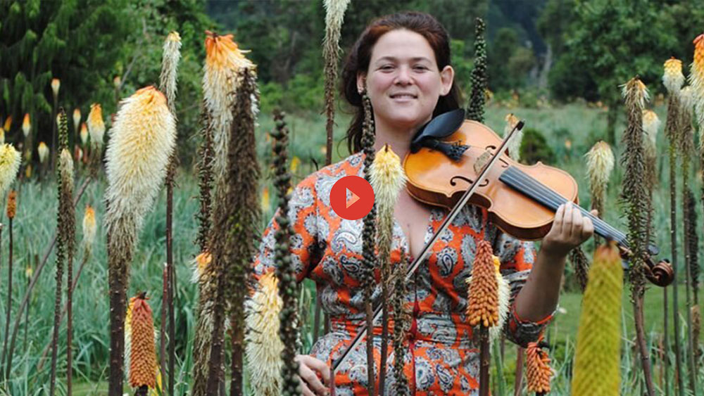 Kaethe Hostetter stands in a field of tall flowers holding their violin.