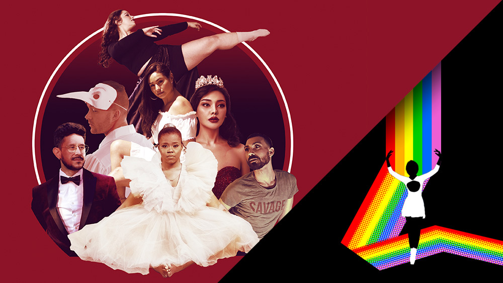 A designed graphic with: a grouping of figures around a circle in various different costumes, and separately to the right a black field with a graphic of a rainbow pouring out of the sky and onto a dancer, arms outstretched. Design by Trevor Polcyn.