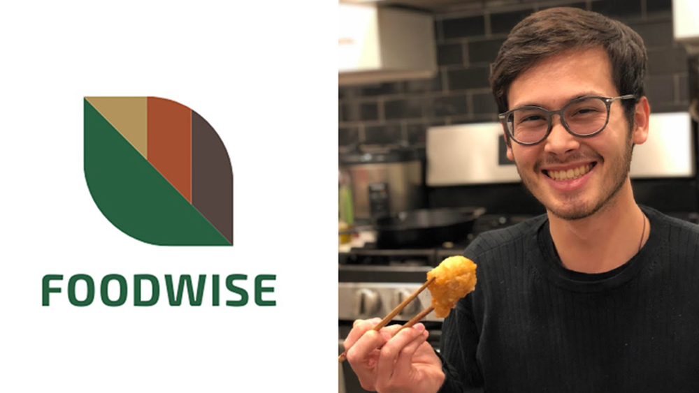 A color photo is on the right half of the image, of Koby Song-Nichols, smiling into the camera holding chopsticks with a roll in them. The left side of the image is the Foodwise logo of a leaf with green yellow, orange and brown sections. Photo courtesy of Koby Song-Nichols.