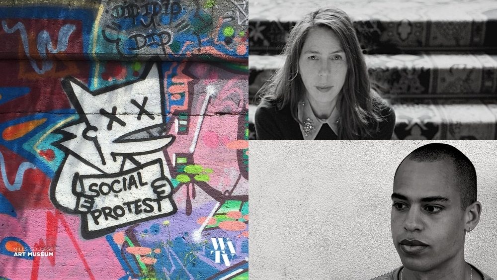 Two black and white photos are stacked on the right half of the image. Above, Rachel Kushner looks directly into the camera with shoulder length hair framing their face, seated on stairs, while below Tobi Haslett is pictured looking to the left with short cropped hair, standing infront of a white textured wall. On the left is a colorful graffitti centering a character holding a sign that says "social protest". Photos courtesy of the authors. Design by Joshua Zuniga.