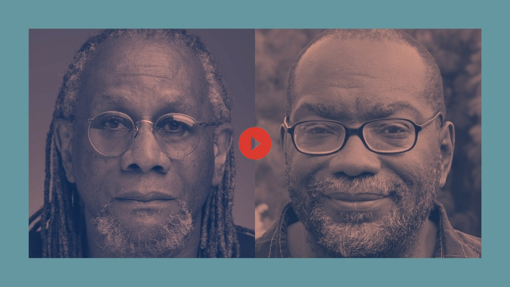 Two portait photographs side by side inside a turquoise border. Each sepia toned image has the face of a man, Nathaniel Mackey and Fred Moten. Each wears glasses. Design by Joshua Zuniga.