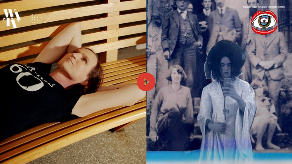 Two square color photos side by side. Mckenzie Wark lies on their back on a wooden bench looking up out of the frame, dressed in a black t-shirt with white print. To the right side, is a photo montage with a cut out black and white photo of Shola von Reinhold holding an iPhone, dressed in a white gown, over a black and white picture of several people standing and sitting on a stairs. Design by Joshua Zuniga.