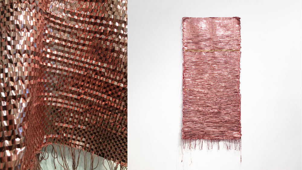 Two photographs side by side. The left image a close up of a fabric made from woven strips of rose hued tinsel. The right image is a image of the full fabric hanging in a gallery. Courtesy of Sylvia Hughes-Gonzales 
