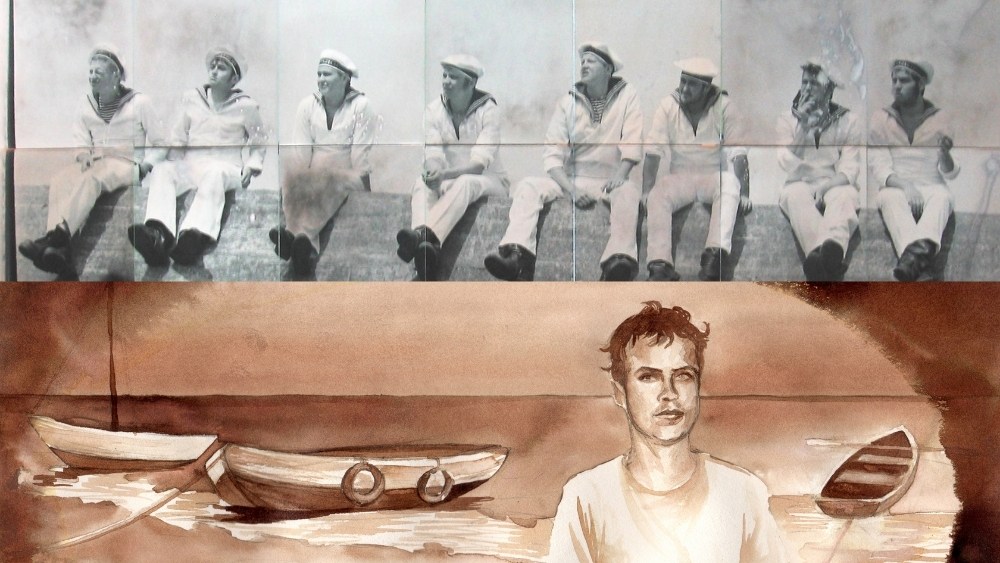 Two color images split the image top and bottom, on the upper are eight people sitting in naval uniforms, white pants shirt and beret caps. The lower image is a monochromatic brown painting of an individual on backed by three row boards and a horizon line. Images Courtesy of Artist. Design by Joshua Zuniga.