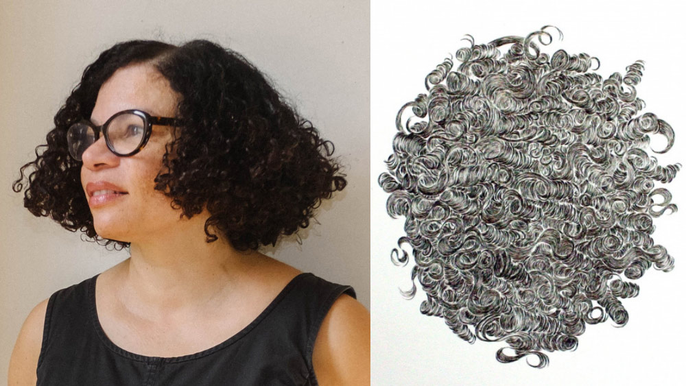 Artist Lava Thomas looks out of the left side of the image in profile, dressed in a black top with dark, curly hair framing their face, through dark rimmed glasses. Next to a drawing of thomas' black and white intertwining lines, like looking straight down on the top of someone's head. Photo courtesy of the Artist.