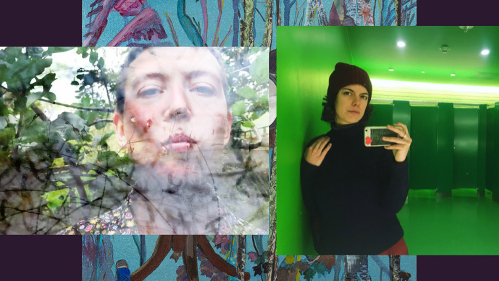 Color photos of Charlotte Law and Beatriz Escobar. One a close up of a face overlaid with leaves and braches, the other standing in a green bathroom holding a phone. Photos courtesy of the artists.