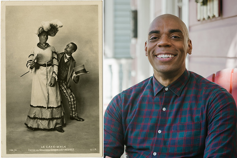 The historical photo is a 1903 image of Jack Brown with his dance partner. Brown was an American cake-walk dancer who performed in Paris at the turn of the 20th century. A portrait of Channing Joseph, seated, looking into the camera with a broad smile, wearing a blue, green and red plaid shirt, buttoned to the top button.  