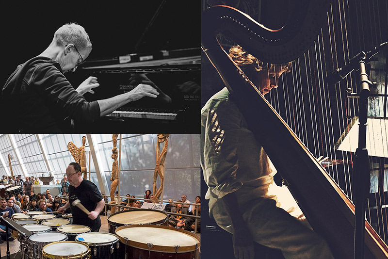 Portraits of the three musicians, Myra Melford in black and white seated at the piano head down, fingers poised over the keyboard. Zeena parkins seated in profile, viewed through the strings of the harp, wearing a white jumpsuit. William Winant surrounded by drums, playing with mallets, dressed in a black t shirt. Photos courtesy of the artists.