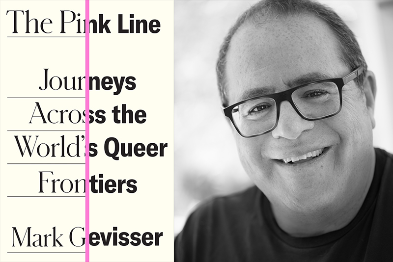 A black and white portait of Mark Gevisser and the cover of his book "The Pink Line"