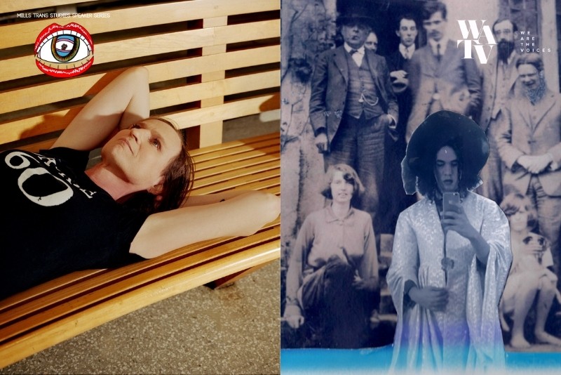 Two square color photos side by side. Mckenzie Wark lies on their back on a wooden bench looking up out of the frame, dressed in a black t-shirt with white print. To the right side, is a photo montage with a cut out black and white photo of Shola von Reinhold holding an iPhone, dressed in a white gown, over a black and white picture of several people standing and sitting on a stairs. Design by Joshua Zuniga. 