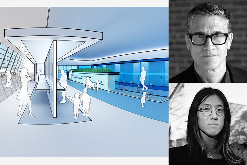 An architect's rendering of an inclusive restroom design shows counters, sinks and stalls in an airport. Black and white headshots of the designers are on the right side.