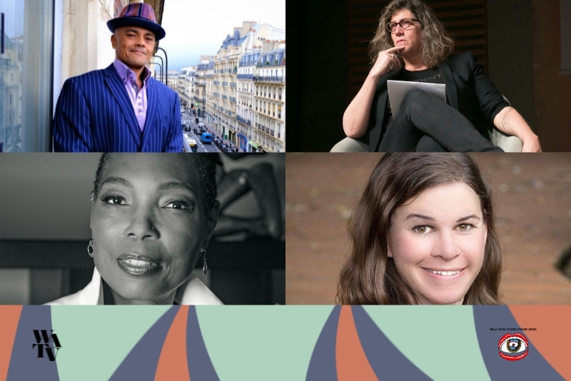 Four portraits of the event speakers in a grid, Trystan wears a blue stripped suit coat and purple hat, Susan' shand is on her chin, seated in black pants and black jacket, a black and white photo of Kim in a white shirt and Brynn smiles into the camera. Design by Joshua Zuniga 