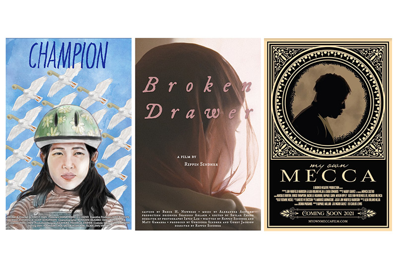 Three film posters from the series, one with a watercolor painting of a girl with dark hair in a bike helmet with a series of cranes flying behind them, one a photgraph of the back of ahead covered in a thin veil, and one a drawing of a head in profile looking down.