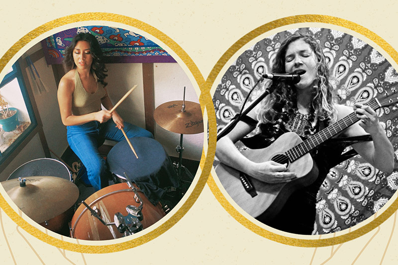 Two circles, side by side, containing the portraits of the composers. On the left Maryzelle playing the drums, in color. On the right, maisha, playing guitar, in black and white> Photos courtesy of the composers. 