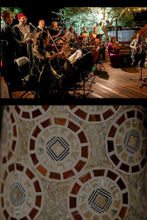 A color photo pictures the ensemble playing with a row of singers behind string players on a deck, and close up of the tiles on a doumbek drum. Photos courtesy of ASWAT.