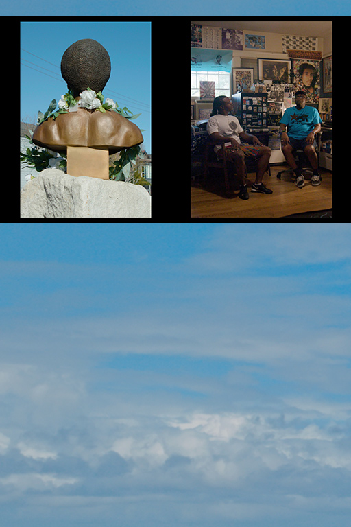 The image is divided into two main sections. The top half features two vertical panels. On the left, there is a bronze bust of a person's head with textured hair, viewed from the back, adorned with a garland of white flowers and green leaves. The bust sits on a stone pedestal against an outdoor background. On the right, two men are seated in a room filled with posters and memorabilia, engaging in conversation. The room has an artistic and cultural ambiance, with music-related imagery on the walls. The lower half of the image showcases a peaceful blue sky with soft clouds, adding a serene and reflective tone to the composition.