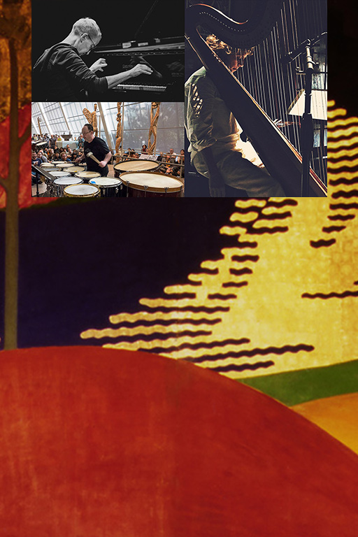 Photographs of the performers - Myra Melford in black and white seated at a piano keyboard, back to the camera; Zeena Parkins dressed in a white jump suit viewed through the strings of a harp; William Winant playing timpani in a museum atrium. Images are overlaid on a color photograph of the mural in the Littlefied Concert hall by Ray Boynton. Performer images courtesy of the artists. 