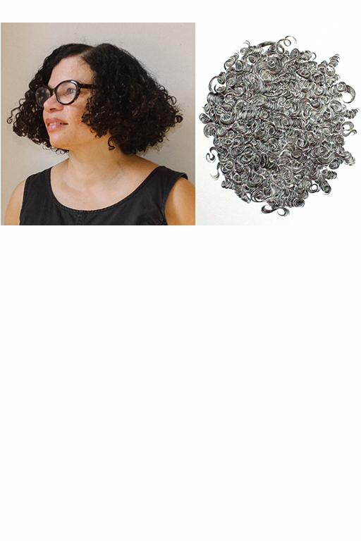 Lava Thomas looks out of the image to the left in profile, dressed in a black top; their dark, curly hair framing their face wearing dark rimmed glasses. next to that is an artwork, a cluster of dark lines almost like looking down on the top of a head with curly hair. Images courtesy of the Artist. 