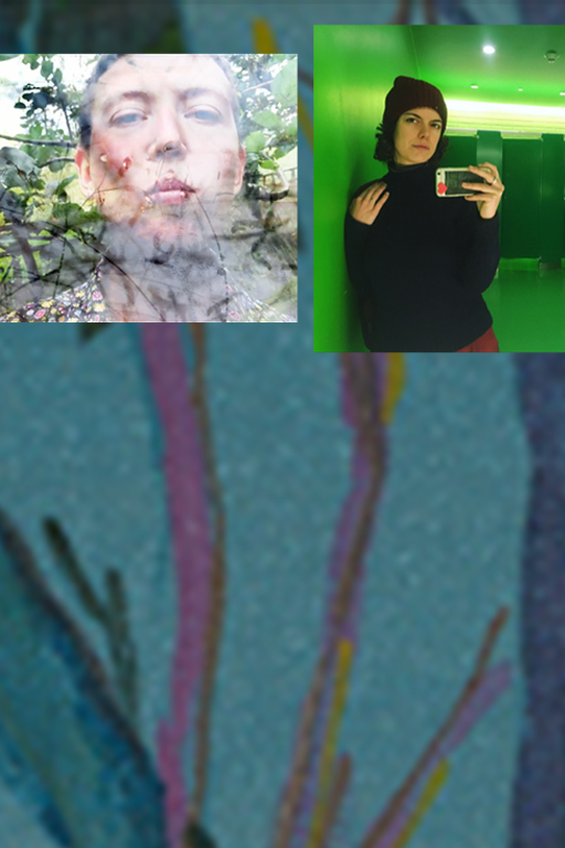Color photos of Charlotte Law and Beatriz Escobar overlayed on a close-up of a section of a painting by Ranu Mukherjee, with absrtract long stems and flowers on a black background. All images courtesy of the artists.