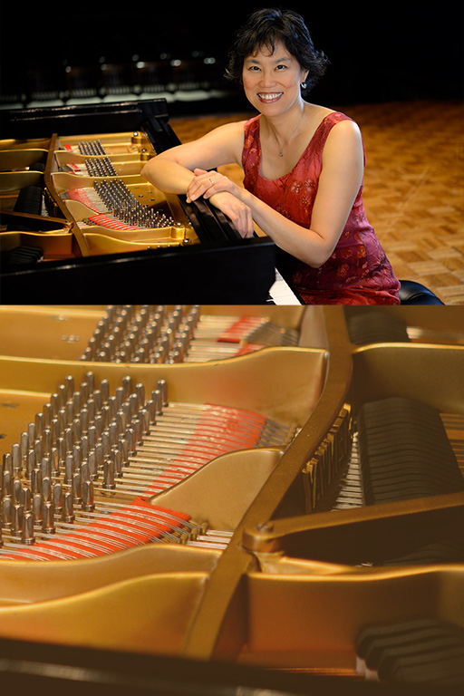 Pianist Genevieve Feiwen Lee is seated at a grand piano dressed in a red dress, smiling broadly with their arms crossed on the instrument. Photo courtesy of the Artist.