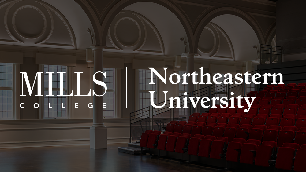 The Mills College and Northeastern University text logos over a darkened photo of the arches, windows and red seating of the Holland Theater 