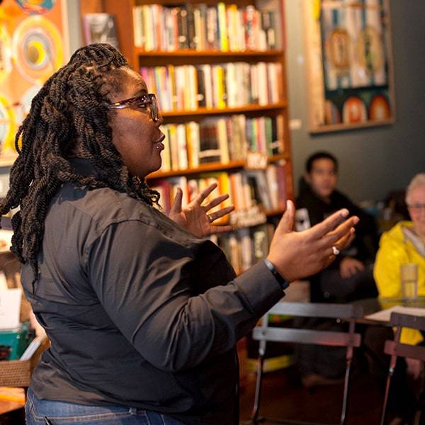 An Oakland author speaks to an audience.