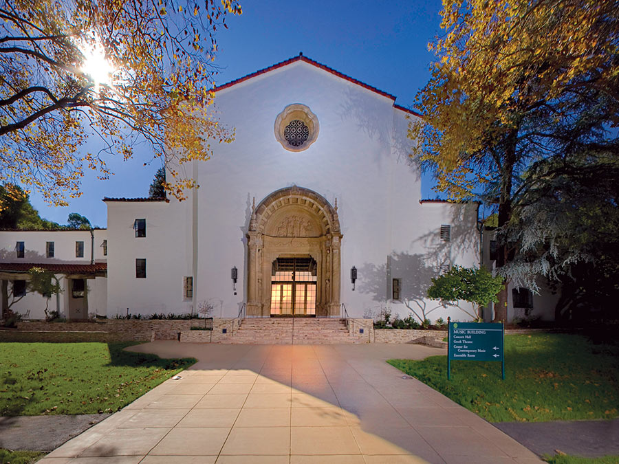 Exterior of the majestic Littlefield Concert Hall at Mills College